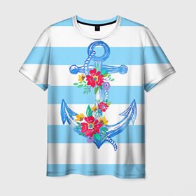 Мужская футболка 3D с принтом Якорь в Новосибирске, 100% полиэфир | прямой крой, круглый вырез горловины, длина до линии бедер | белый | верёвка | вода | корабль | красный | море | песок | пляж | синий | цвет | цветы | якорь