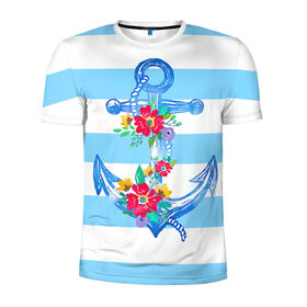 Мужская футболка 3D спортивная с принтом Якорь в Новосибирске, 100% полиэстер с улучшенными характеристиками | приталенный силуэт, круглая горловина, широкие плечи, сужается к линии бедра | белый | верёвка | вода | корабль | красный | море | песок | пляж | синий | цвет | цветы | якорь