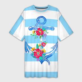 Платье-футболка 3D с принтом Якорь в Новосибирске,  |  | белый | верёвка | вода | корабль | красный | море | песок | пляж | синий | цвет | цветы | якорь