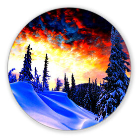 Коврик круглый с принтом Зимний лес в Новосибирске, резина и полиэстер | круглая форма, изображение наносится на всю лицевую часть | вечер | закат | зима | лес | снег