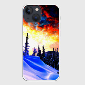 Чехол для iPhone 13 mini с принтом Зимний лес в Новосибирске,  |  | вечер | закат | зима | лес | снег