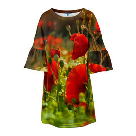 Детское платье 3D с принтом Маки в Новосибирске, 100% полиэстер | прямой силуэт, чуть расширенный к низу. Круглая горловина, на рукавах — воланы | field | flowers | meadow | nature | poppies | poppy | red | summer | wild | красные | лето | луг | мак | маки | поле | полевые | природа | цветы