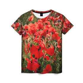 Женская футболка 3D с принтом Маки в Новосибирске, 100% полиэфир ( синтетическое хлопкоподобное полотно) | прямой крой, круглый вырез горловины, длина до линии бедер | field | flowers | meadow | nature | poppies | poppy | red | summer | wild | красные | лето | луг | мак | маки | поле | полевые | природа | цветы