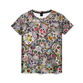 Женская футболка 3D с принтом Мексиканские черепа в Новосибирске, 100% полиэфир ( синтетическое хлопкоподобное полотно) | прямой крой, круглый вырез горловины, длина до линии бедер | calavera | sugar skull | день мертвых | мексика | традиция | узоры | цветы