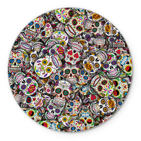 Коврик круглый с принтом Мексиканские черепа в Новосибирске, резина и полиэстер | круглая форма, изображение наносится на всю лицевую часть | calavera | sugar skull | день мертвых | мексика | традиция | узоры | цветы