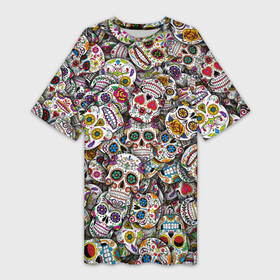 Платье-футболка 3D с принтом Мексиканские черепа в Новосибирске,  |  | calavera | sugar skull | день мертвых | мексика | традиция | узоры | цветы