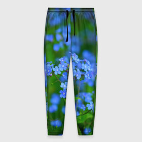 Мужские брюки 3D с принтом синие цветочки в Новосибирске, 100% полиэстер | манжеты по низу, эластичный пояс регулируется шнурком, по бокам два кармана без застежек, внутренняя часть кармана из мелкой сетки | 