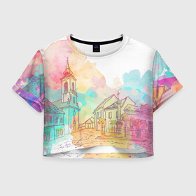 Женская футболка 3D укороченная с принтом акварельный город в Новосибирске, 100% полиэстер | круглая горловина, длина футболки до линии талии, рукава с отворотами | sity | акварель | венеция | вода | город | графика | европа | живопись | лето | лодки | мост | принт | свет