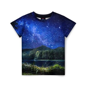Детская футболка 3D с принтом Ночная природа в Новосибирске, 100% гипоаллергенный полиэфир | прямой крой, круглый вырез горловины, длина до линии бедер, чуть спущенное плечо, ткань немного тянется | Тематика изображения на принте: горы | звезды | небо | озеро | природа