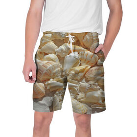 Мужские шорты 3D с принтом ракушки на песке в Новосибирске,  полиэстер 100% | прямой крой, два кармана без застежек по бокам. Мягкая трикотажная резинка на поясе, внутри которой широкие завязки. Длина чуть выше колен | лето | море | песок | пляж | ракушки