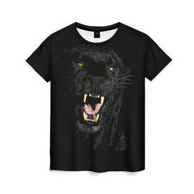 Женская футболка 3D с принтом Чёрная пантера в Новосибирске, 100% полиэфир ( синтетическое хлопкоподобное полотно) | прямой крой, круглый вырез горловины, длина до линии бедер | кошка | оскал | пантера | прикольные картинки