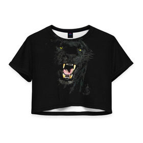 Женская футболка 3D укороченная с принтом Чёрная пантера в Новосибирске, 100% полиэстер | круглая горловина, длина футболки до линии талии, рукава с отворотами | кошка | оскал | пантера | прикольные картинки
