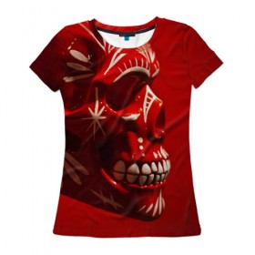 Женская футболка 3D с принтом Красный череп в Новосибирске, 100% полиэфир ( синтетическое хлопкоподобное полотно) | прямой крой, круглый вырез горловины, длина до линии бедер | red | дьявол | красный | монстр | прикольные картинки | череп