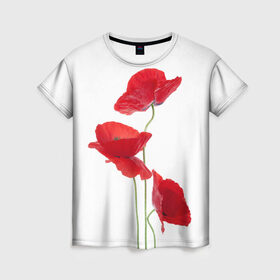 Женская футболка 3D с принтом Маки в Новосибирске, 100% полиэфир ( синтетическое хлопкоподобное полотно) | прямой крой, круглый вырез горловины, длина до линии бедер | field | flowers | poppies | poppy | red | wild | красные | мак | маки | поле | полевые | цветы