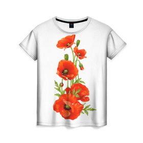 Женская футболка 3D с принтом Маки в Новосибирске, 100% полиэфир ( синтетическое хлопкоподобное полотно) | прямой крой, круглый вырез горловины, длина до линии бедер | Тематика изображения на принте: field | flowers | poppies | poppy | red | wild | красные | мак | маки | поле | полевые | цветы
