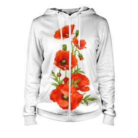 Женская толстовка 3D на молнии с принтом Маки в Новосибирске, 100% полиэстер | длина до линии бедра, манжеты и пояс оформлены мягкой тканевой резинкой, двухслойный капюшон со шнурком для регулировки, спереди молния, по бокам два кармана | field | flowers | poppies | poppy | red | wild | красные | мак | маки | поле | полевые | цветы
