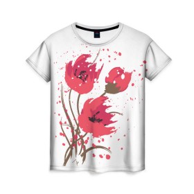Женская футболка 3D с принтом Маки в Новосибирске, 100% полиэфир ( синтетическое хлопкоподобное полотно) | прямой крой, круглый вырез горловины, длина до линии бедер | art | drawing | flowers | poppies | poppy | red | wild | wind | арт | ветер | красные | мак | маки | полевые | рисунок | цветы