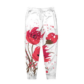 Мужские брюки 3D с принтом Маки в Новосибирске, 100% полиэстер | манжеты по низу, эластичный пояс регулируется шнурком, по бокам два кармана без застежек, внутренняя часть кармана из мелкой сетки | art | drawing | flowers | poppies | poppy | red | wild | wind | арт | ветер | красные | мак | маки | полевые | рисунок | цветы