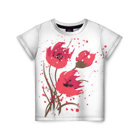 Детская футболка 3D с принтом Маки в Новосибирске, 100% гипоаллергенный полиэфир | прямой крой, круглый вырез горловины, длина до линии бедер, чуть спущенное плечо, ткань немного тянется | Тематика изображения на принте: art | drawing | flowers | poppies | poppy | red | wild | wind | арт | ветер | красные | мак | маки | полевые | рисунок | цветы