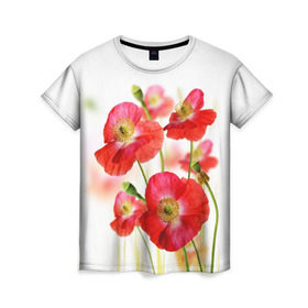 Женская футболка 3D с принтом Маки в Новосибирске, 100% полиэфир ( синтетическое хлопкоподобное полотно) | прямой крой, круглый вырез горловины, длина до линии бедер | field | flowers | meadow | nature | poppies | poppy | red | summer | wild | красные | лето | луг | мак | маки | поле | полевые | природа | цветы