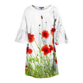 Детское платье 3D с принтом Маки в Новосибирске, 100% полиэстер | прямой силуэт, чуть расширенный к низу. Круглая горловина, на рукавах — воланы | field | flowers | meadow | nature | poppies | poppy | red | summer | wild | красные | лето | луг | мак | маки | поле | полевые | природа | цветы