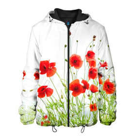Мужская куртка 3D с принтом Маки в Новосибирске, ткань верха — 100% полиэстер, подклад — флис | прямой крой, подол и капюшон оформлены резинкой с фиксаторами, два кармана без застежек по бокам, один большой потайной карман на груди. Карман на груди застегивается на липучку | field | flowers | meadow | nature | poppies | poppy | red | summer | wild | красные | лето | луг | мак | маки | поле | полевые | природа | цветы