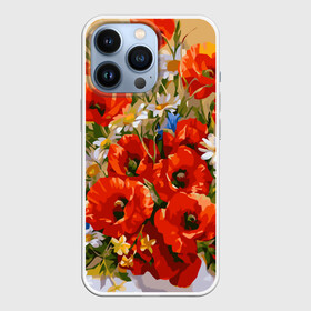 Чехол для iPhone 13 Pro с принтом Маки в Новосибирске,  |  | art | daisy | drawing | field | flowers | poppies | poppy | red | white | арт | белые | красные | мак | маки | полевые | рисунок | ромашки | цветы