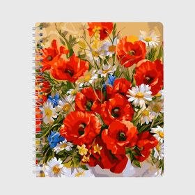 Тетрадь с принтом Маки в Новосибирске, 100% бумага | 48 листов, плотность листов — 60 г/м2, плотность картонной обложки — 250 г/м2. Листы скреплены сбоку удобной пружинной спиралью. Уголки страниц и обложки скругленные. Цвет линий — светло-серый
 | art | daisy | drawing | field | flowers | poppies | poppy | red | white | арт | белые | красные | мак | маки | полевые | рисунок | ромашки | цветы