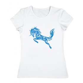 Женская футболка хлопок с принтом Blue unicorn в Новосибирске, 100% хлопок | прямой крой, круглый вырез горловины, длина до линии бедер, слегка спущенное плечо | вектор | грива | единорог | животное | конь | прыгающий | рог | синий | скачущий | существо | тату