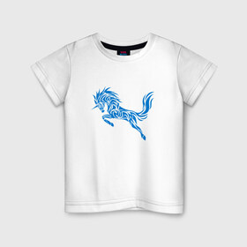Детская футболка хлопок с принтом Blue unicorn в Новосибирске, 100% хлопок | круглый вырез горловины, полуприлегающий силуэт, длина до линии бедер | вектор | грива | единорог | животное | конь | прыгающий | рог | синий | скачущий | существо | тату