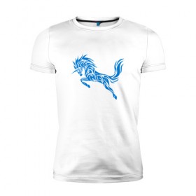 Мужская футболка премиум с принтом Blue unicorn в Новосибирске, 92% хлопок, 8% лайкра | приталенный силуэт, круглый вырез ворота, длина до линии бедра, короткий рукав | вектор | грива | единорог | животное | конь | прыгающий | рог | синий | скачущий | существо | тату