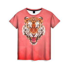 Женская футболка 3D с принтом Полигональный Тигр в Новосибирске, 100% полиэфир ( синтетическое хлопкоподобное полотно) | прямой крой, круглый вырез горловины, длина до линии бедер | красный | полигоны | тигр