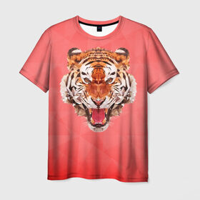 Мужская футболка 3D с принтом Полигональный Тигр в Новосибирске, 100% полиэфир | прямой крой, круглый вырез горловины, длина до линии бедер | красный | полигоны | тигр