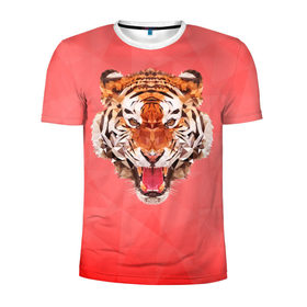 Мужская футболка 3D спортивная с принтом Полигональный Тигр в Новосибирске, 100% полиэстер с улучшенными характеристиками | приталенный силуэт, круглая горловина, широкие плечи, сужается к линии бедра | красный | полигоны | тигр