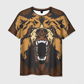 Мужская футболка 3D с принтом Медведь в Новосибирске, 100% полиэфир | прямой крой, круглый вырез горловины, длина до линии бедер | animal | bear | beast | brown | face | fangs | head | taiga | teeth | wild | бурый | голова | дикий | животное | зверь | клыки | медведь | оскал | тайга