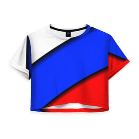 Женская футболка 3D укороченная с принтом Российский флаг в Новосибирске, 100% полиэстер | круглая горловина, длина футболки до линии талии, рукава с отворотами | Тематика изображения на принте: косой | наклонный | триколор
