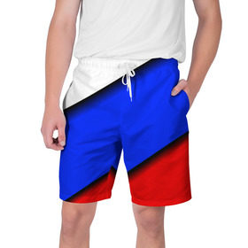 Мужские шорты 3D с принтом Российский флаг в Новосибирске,  полиэстер 100% | прямой крой, два кармана без застежек по бокам. Мягкая трикотажная резинка на поясе, внутри которой широкие завязки. Длина чуть выше колен | косой | наклонный | триколор