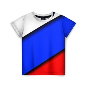Детская футболка 3D с принтом Российский флаг в Новосибирске, 100% гипоаллергенный полиэфир | прямой крой, круглый вырез горловины, длина до линии бедер, чуть спущенное плечо, ткань немного тянется | косой | наклонный | триколор