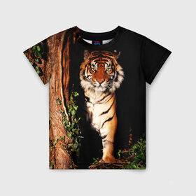 Детская футболка 3D с принтом Тигр в Новосибирске, 100% гипоаллергенный полиэфир | прямой крой, круглый вырез горловины, длина до линии бедер, чуть спущенное плечо, ткань немного тянется | дикая кошка | лес | природа | тигр | хищник
