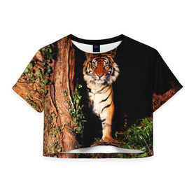 Женская футболка 3D укороченная с принтом Тигр в Новосибирске, 100% полиэстер | круглая горловина, длина футболки до линии талии, рукава с отворотами | Тематика изображения на принте: дикая кошка | лес | природа | тигр | хищник