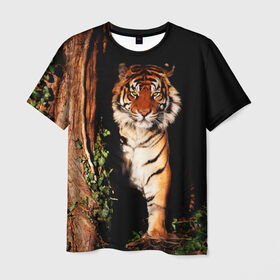 Мужская футболка 3D с принтом Тигр в Новосибирске, 100% полиэфир | прямой крой, круглый вырез горловины, длина до линии бедер | Тематика изображения на принте: дикая кошка | лес | природа | тигр | хищник