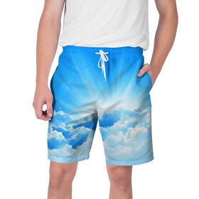 Мужские шорты 3D с принтом Небо в Новосибирске,  полиэстер 100% | прямой крой, два кармана без застежек по бокам. Мягкая трикотажная резинка на поясе, внутри которой широкие завязки. Длина чуть выше колен | Тематика изображения на принте: небо | облако | синяя | солнце