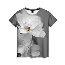 Женская футболка 3D с принтом Пчела на цветах в Новосибирске, 100% полиэфир ( синтетическое хлопкоподобное полотно) | прямой крой, круглый вырез горловины, длина до линии бедер | Тематика изображения на принте: лепестки | цветы