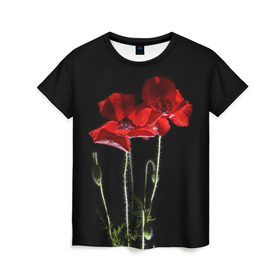 Женская футболка 3D с принтом Маки в Новосибирске, 100% полиэфир ( синтетическое хлопкоподобное полотно) | прямой крой, круглый вырез горловины, длина до линии бедер | background | black | flowers | poppies | poppy | red | wild | красные | мак | маки | полевые | фон | цветы | черный