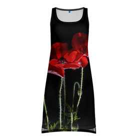 Платье-майка 3D с принтом Маки в Новосибирске, 100% полиэстер | полуприлегающий силуэт, широкие бретели, круглый вырез горловины, удлиненный подол сзади. | background | black | flowers | poppies | poppy | red | wild | красные | мак | маки | полевые | фон | цветы | черный