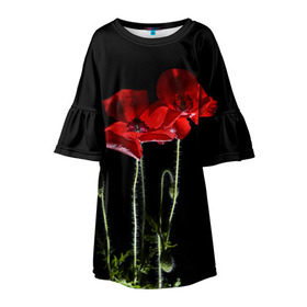 Детское платье 3D с принтом Маки в Новосибирске, 100% полиэстер | прямой силуэт, чуть расширенный к низу. Круглая горловина, на рукавах — воланы | background | black | flowers | poppies | poppy | red | wild | красные | мак | маки | полевые | фон | цветы | черный