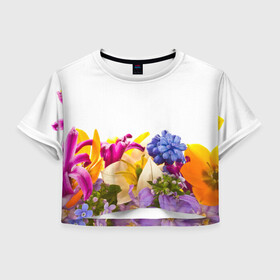 Женская футболка 3D укороченная с принтом Среди цветов в Новосибирске, 100% полиэстер | круглая горловина, длина футболки до линии талии, рукава с отворотами | аромат | букет | вазон | великолепие | краски | красота | куст | луг | полевые цветы | полянка | природа | растения | украшение | фауна | цветник | цветы