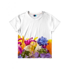 Детская футболка 3D с принтом Среди цветов в Новосибирске, 100% гипоаллергенный полиэфир | прямой крой, круглый вырез горловины, длина до линии бедер, чуть спущенное плечо, ткань немного тянется | аромат | букет | вазон | великолепие | краски | красота | куст | луг | полевые цветы | полянка | природа | растения | украшение | фауна | цветник | цветы
