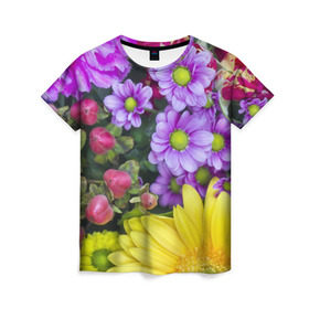 Женская футболка 3D с принтом Роскошные цветы в Новосибирске, 100% полиэфир ( синтетическое хлопкоподобное полотно) | прямой крой, круглый вырез горловины, длина до линии бедер | аромат | астры | букет | вазон | великолепие | гвоздики | гиацинт | гортензия | калла | краски | красота | куст | лилия | орхидея | пион | подсолнух | полевые цветы | природа | растения | розы | ромашки