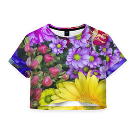 Женская футболка 3D укороченная с принтом Роскошные цветы в Новосибирске, 100% полиэстер | круглая горловина, длина футболки до линии талии, рукава с отворотами | аромат | астры | букет | вазон | великолепие | гвоздики | гиацинт | гортензия | калла | краски | красота | куст | лилия | орхидея | пион | подсолнух | полевые цветы | природа | растения | розы | ромашки